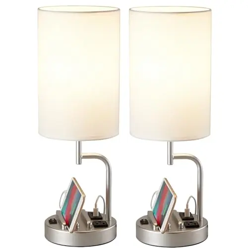 Dreamholder Table Lamp with 3 USB Charging Ports, Modern Desk Lamp with AC Outlet and Phone Stands, Perfect Bedside Lamp for Bedroom, Living Room, Office (Pack of 2), Silver