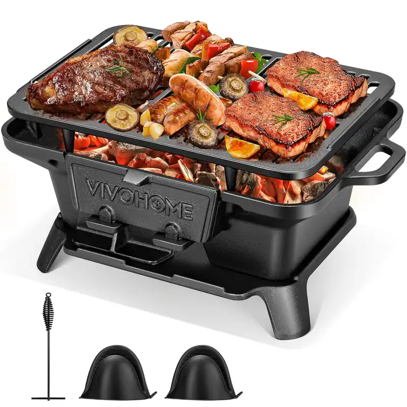VIVOHOME Rectangle Cast Iron Charcoal Grill with Double-Sided Grate, Portable Outdoor BBQ Grill, Compact Tabletop Grill Stove (Note The charcoal grid is made of stainless steel, not cast iron)