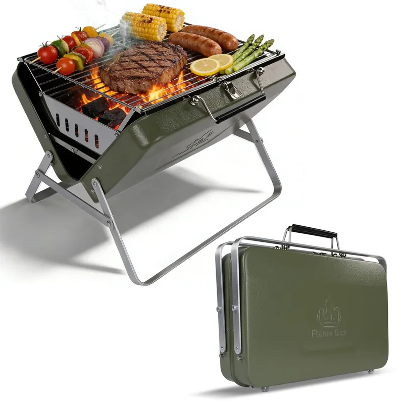 Flame Box Ranger Plus Portable Charcoal Grill – Folding BBQ with Large Grilling Grate for Camping, Tailgating & Backyard Serves 4–5, Full‑Grate Cooking Coverage, 304 Stainless Steel, 3‑Second Setup