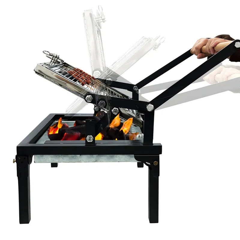 Folding Barbecue Grill, Portable Charcoal Grill with 360 Degree Rotating Cooking Grille, Cooking Grill with Adjustable Tray, Suitable for Outdoor Camping Picnicking Backyard Garden Parties