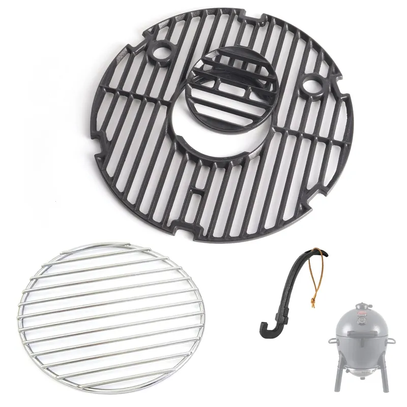 SafBbcue Round Cast Iron Grill Grate for Char-Griller AKORN Jr. Portable Kamado Charcoal Grill and Smoker Replacement Parts, Charcoal Grate for Kamado Akorn E86714 Grills Accessories, with Grid Lifter