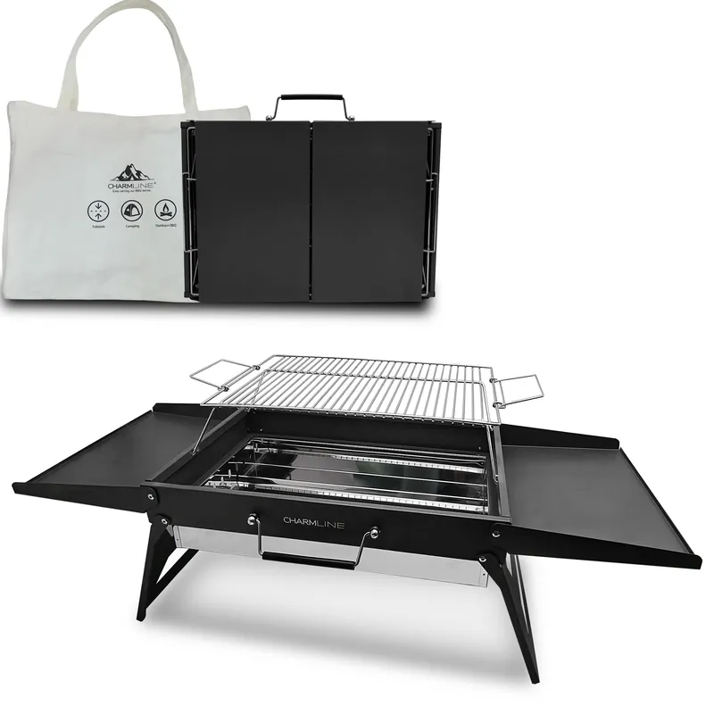 Charmline 20x14 inches Big Desktop Charcoal Grill, Liftable Grilling Net, Foldable Portable Grill for Indoor and Outdoor, BBQ Grill for Camping, Gardens, Picnics, Beach Parties, Black