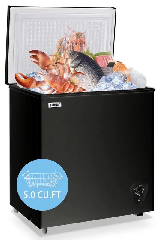 Chest Freezer 5.0 Cu.Ft Small Deep Freezer Black Top Door Mini Freezer with Removable Basket, Low Noise, 7 Adjustable Temperature and Energy Saving Perfect for Home Garage Basement Dorm or Apartment