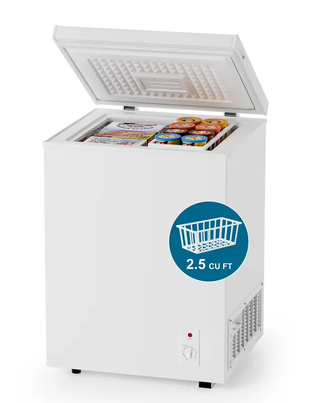 2.5 Cu.Ft Deep Freezer with Removable Basket - Small Quiet Chest Freezer w/6 Temp and Energy Efficient - Manual Defrost, Space Saving Design for Dorm, Office, Apartment, Bar, White
