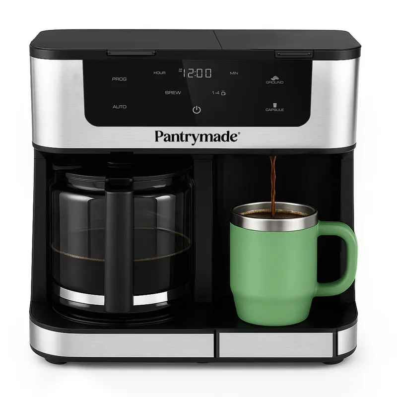 Pantrymade Dual Brew Coffee Maker 12 Cup Glass Carafe & Single Serve K-Cup Combo Programmable Touchscreen Coffee Machine for Ground Coffee or Pods Auto Shut-Off, Black