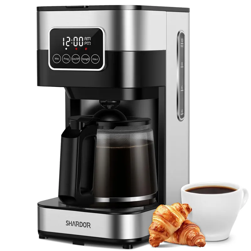 SHARDOR 10-Cup Programmable Coffee Maker, Regular & Strong Brew Drip Coffee Machine for Home and Office, Auto Shut Off, Permanent Filter, Silver