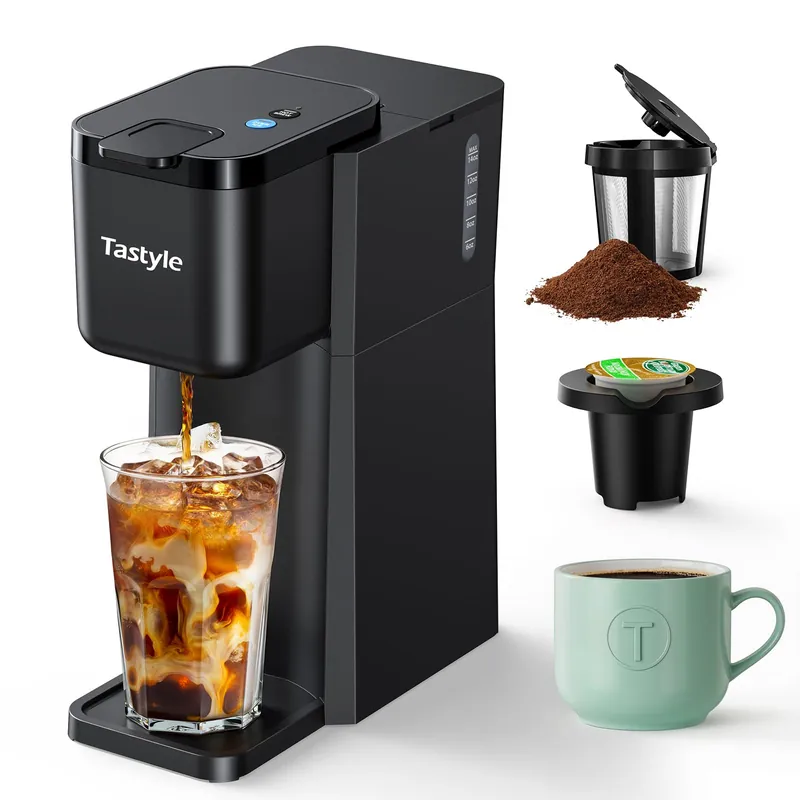 Tastyle Mini Hot and Iced Coffee Maker Single Serve, for K Cup and Ground, 6 to 14 Oz Brew Sizes, with Recipe Book, for Home, Travel, RV, Office and Dorm,Classic Black (2.0 Version)