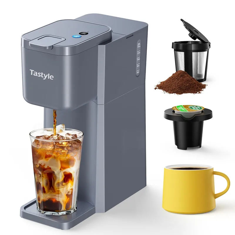 Tastyle Mini Hot and Iced Coffee Maker Single Serve, for K Cup and Ground, 6 to 14 Oz Brew Sizes, with Recipe Book, for Home, Travel, RV, Office and Dorm, Elegant Gray