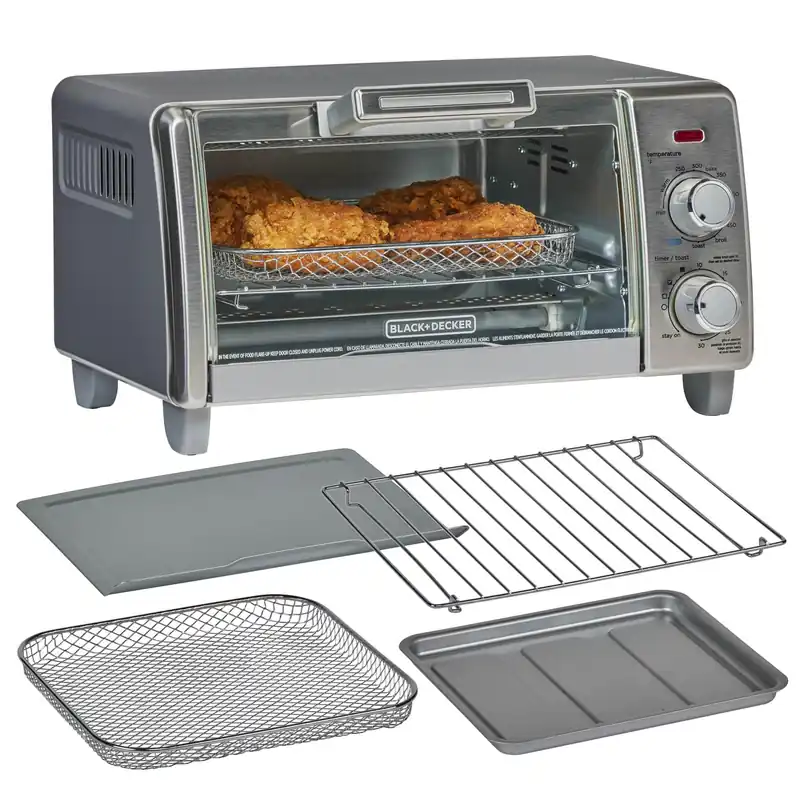 BLACK+DECKER Crisp ‘N Bake Air Fry Countertop Convection Toaster Oven, Medium Capacity, 4-Slice, 5-in-1, Fits 9” Pizza, 30-Min Timer, Bake, Broil, Air Fry, Toast, Keep Warm, Stainless Steel