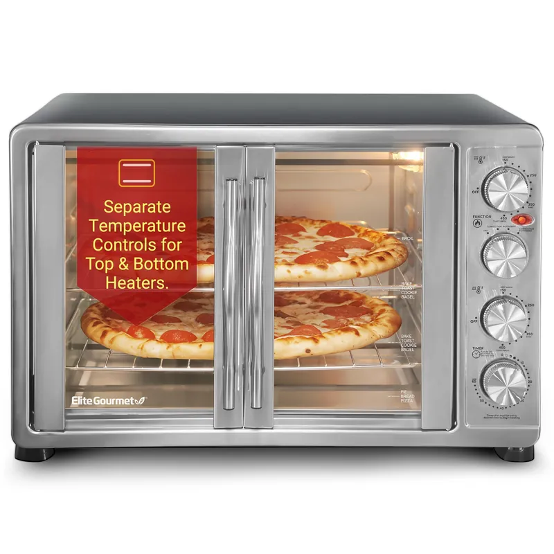 Elite Gourmet ETO4510B French Door 47.5Qt, 18-Slice Convection Oven 4-Control Knobs, Bake Broil Toast Rotisserie Keep Warm, Includes 2 x 12" Pizza Racks, Stainless Steel