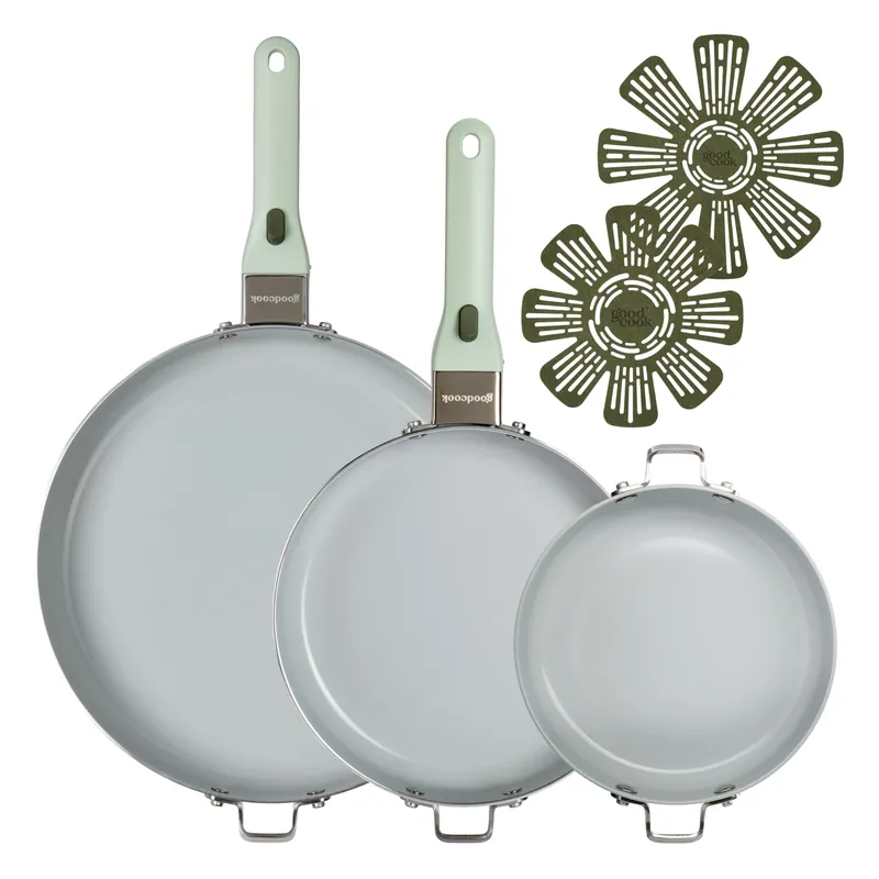 GoodCook Ceramic Cookware Set 7-Piece with Removable Handles, Induction Compatible Fry Pans, Nonstick and Oven Safe, Sage Green