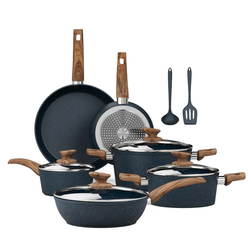 Kitchen Academy Pots and Pans Set Non Stick - 12 Piece Induction Kitchen Cookware Sets, Blue Granite Nonstick Cooking Pans Set