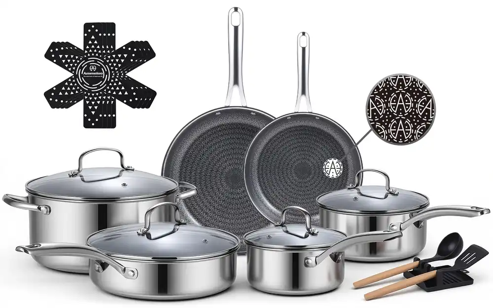 Ammeloo 17 Pcs Nonstick Stainless Steel Cookware Set, Hybrid Stainless Steel Pots and Pans Set Non Stick, Non Toxic Kitchen Cookware Sets, Dishwasher & Oven Safe, Induction & All Cooktop Compatible