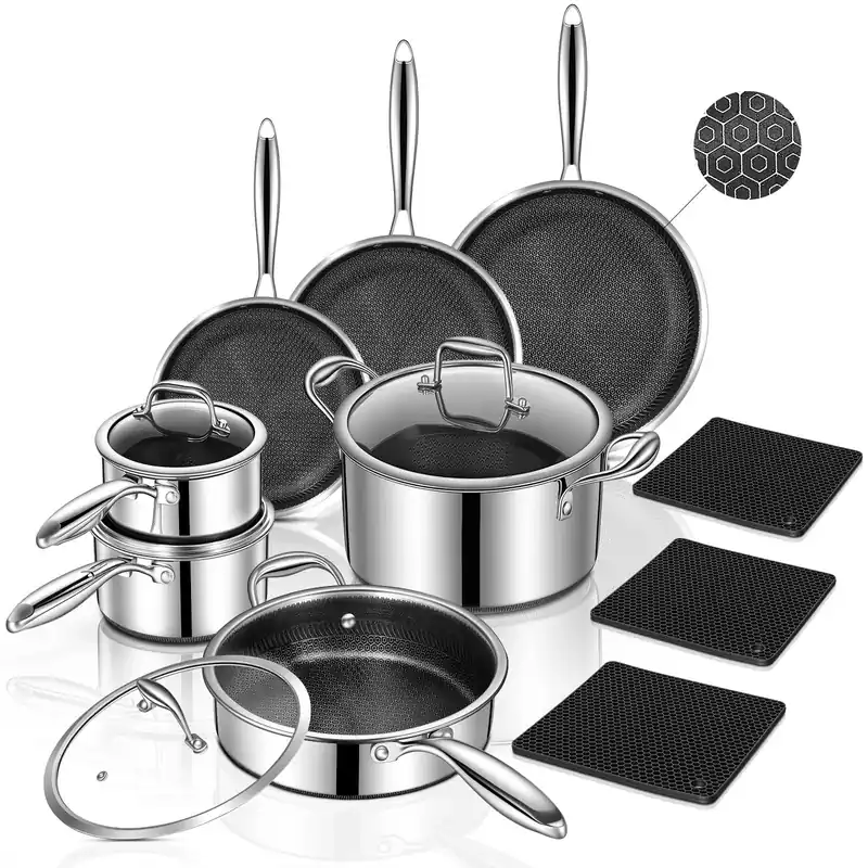 Yoehka 14-Piece Hybrid Stainless Steel Cookware Set, Non-Stick Pots and Pans Set with 3 Silicone Trivets Induction Compatible Frying Pans, Saucepans, Saute Pan & Stock Pot Oven Dishwasher Safe