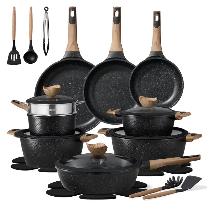 CAROTE 26PCS Pots and Pans Set Non Stick, Cookware Set Pots and Pans Induction Cook Ware, Nonstick Kitchen Cooking, PFOA Free, Black