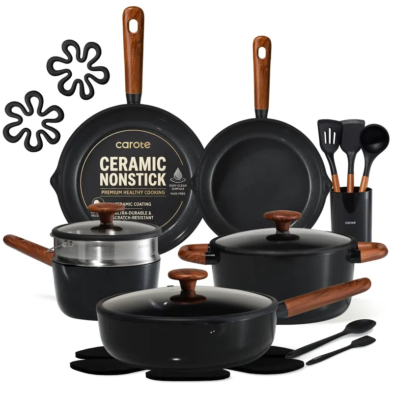 CAROTE 21pcs Cookware Set Nonstick Pots and Pans Set, Ceramic Cookware Set Induction Cookware, Non toxic Healthy Non Stick Kitchen Cooking Set, PFAS PTFE Free, Black