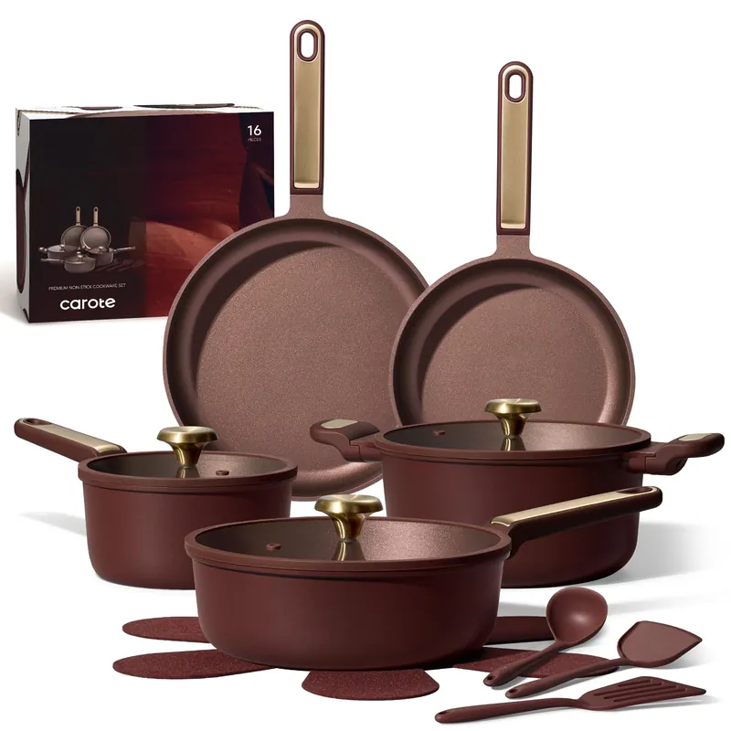 CAROTE Pots and Pans Set Nonstick, 16pcs Cookware Set Nonstick Non-Toxic & PFOA&PFOS-Free, Dishwasher, RV/Camping Cookware Set, Cooking Pots with Lids,Wine Red