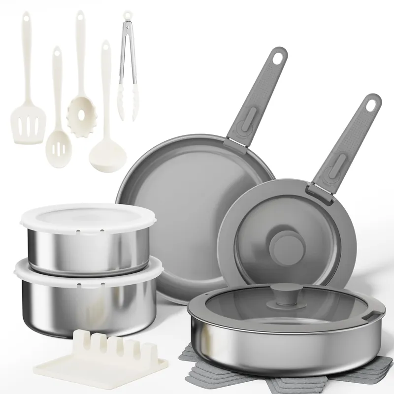 Sanho 21-Piece Pots and Pans Set, Healthy Ceramic Nonstick Cookware with Detachable Handles, Non-Toxic 4-Layer Stainless Steel & Aluminum Core, Induction RV Kitchen Set, Dishwasher & Oven Safe, Gray