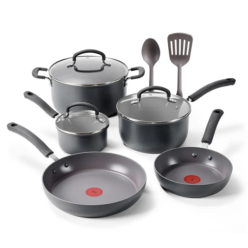 T-Fal Ultimate Hard Anodized Nonstick 10 Piece Cookware Set, Oven Safe Up to 400°F, Dishwasher Safe, Pots and Pans Set, Includes Frying Pans, Saucepan, Stockpot, Cooking Utensils, Stone