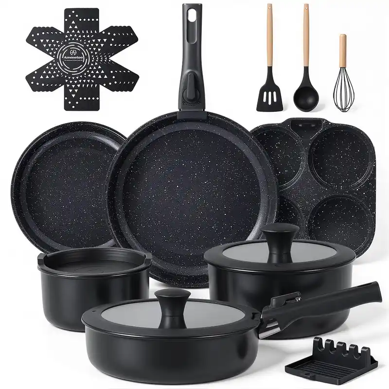 Ammeloo 21-Piece Ceramic Pots and Pans Set Non Stick with Detachable Handles and Egg Frying Pan, Non-Toxic Cookware, Induction Ready, Oven Safe, Stackable for Storage, Black Speckled