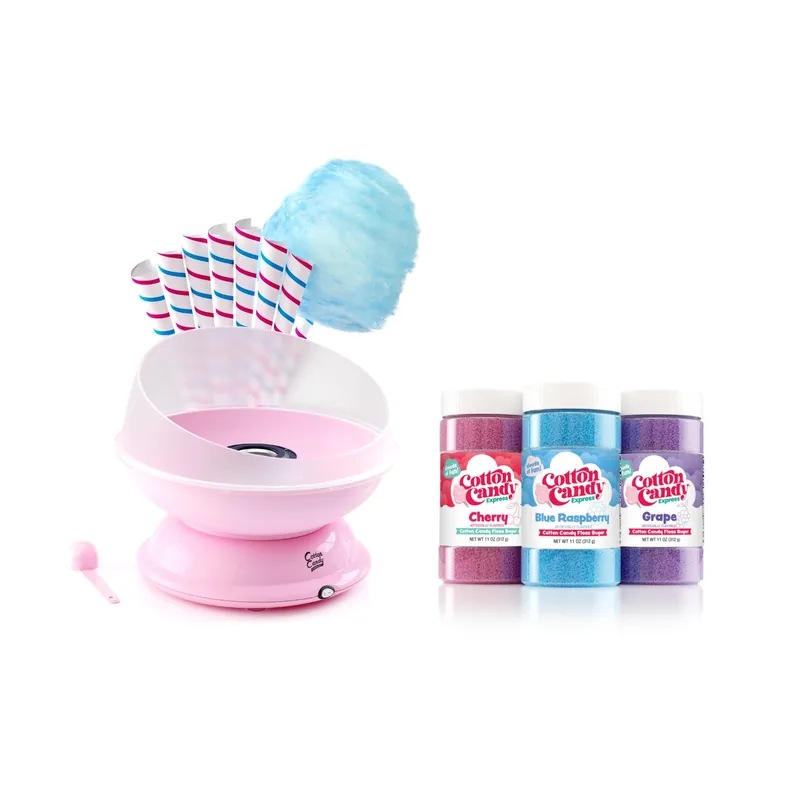 Cotton Candy Express CC1000-S Cotton Candy Machine, with 3 - 11oz. Jars of Cherry, Grape, Blue Raspberry, Orange, Pink Vanilla Floss Sugar & 50 Paper Cones Easy to Use and Clean