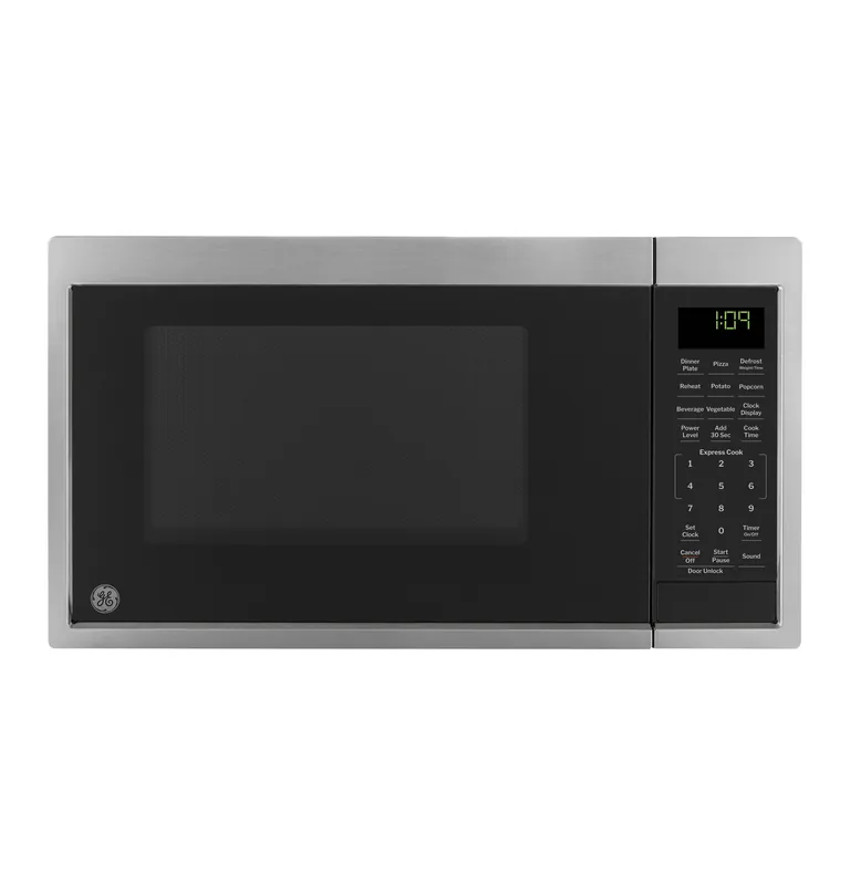 GE Countertop Microwave Oven, Compact 0.9 Cubic Ft., 900-watt Capacity, 7 Auto Cooking Settings, Child-Lock Technology, Kitchen Essentials for The Countertop, Dorm Room or Apartment, Stainless Steel