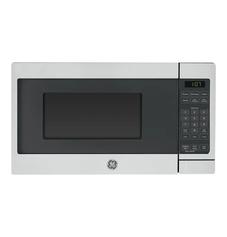 GE Compact Countertop Microwave Oven, 0.7 Cubic Ft., 700-watt Capacity, 6 Auto Cooking Settings, Child-Lock Technology, Dorm Room or Apartment, Stainless Steel