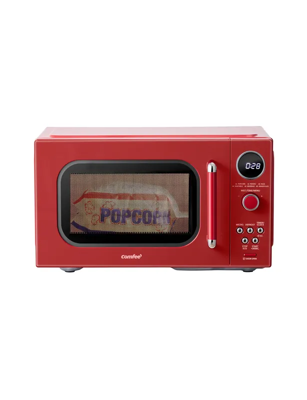 COMFEE‘ Retro Microwave Oven, Small Microwave with 6 Auto Menus, 0.9 cu.ft Countertop Compact Microwave with Multi-stage Cooking, Mute Function, LED digital, Red/900W, CMO-MMP02AA(RD)