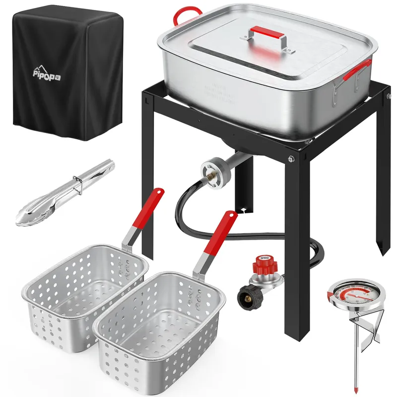 18QT Outdoor Propane Fish Fryer 50,000 BTU Propane Deep Fryer Includes 2 Baskets Lid Cover 9" Fryer Tong & 6" Thermometer Perfect for Cooking Fish, Chicken Wings, and Fries