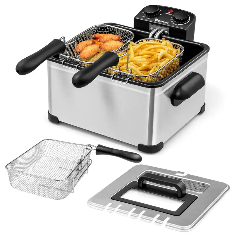 COSTWAY 5 Liter Deep Fryer with Basket, 1700W Electric Oil Fryer with Lid with Viewing Window, Adjustable Timer and Temperature, Small Countertop Deep Fryer Pot for Home Kitchen Use, Silver