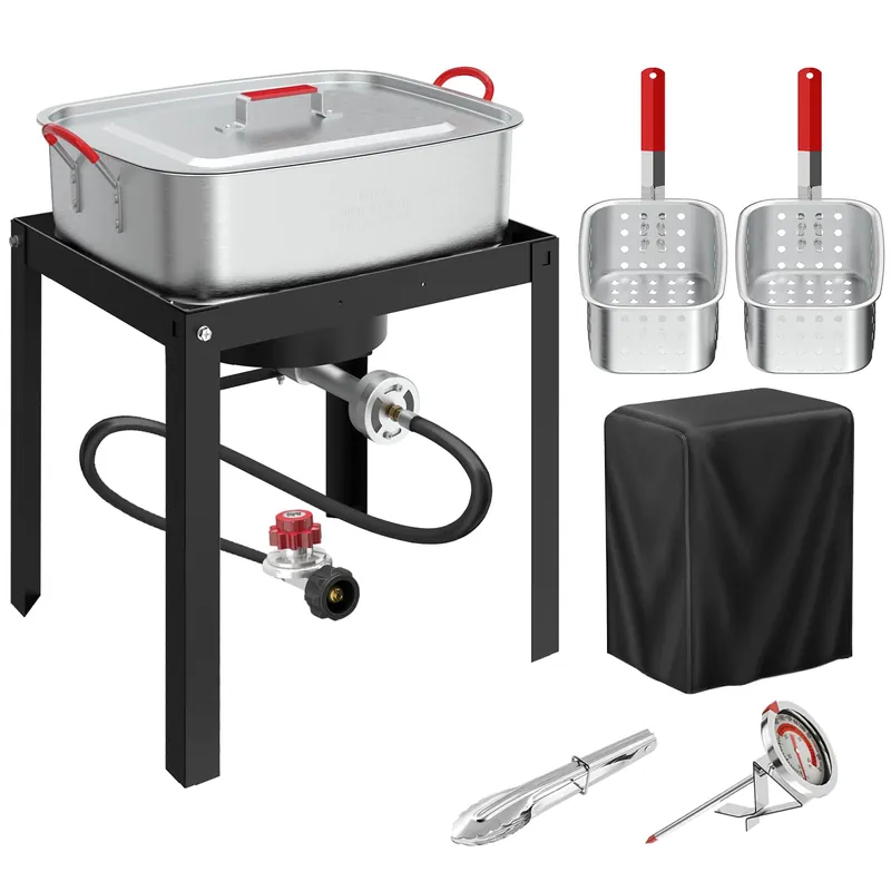 18QT Propane Deep Fryer Outdoor Fish Fryer with 2 Baskets,Tong, Cover,Lid & Thermometer Aluminum Deep Fryer with 55,000 BTU Propane Burner - Ideal for Fish, Chicken Wings & Outdoor Gatherings