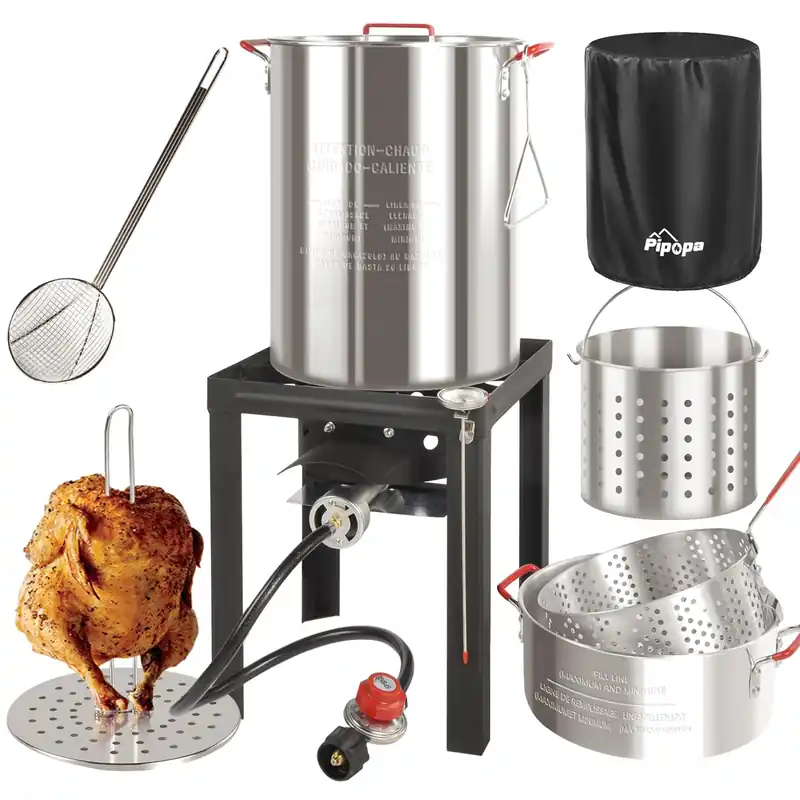 30QT & 10QT Outdoor Fryer Turkey Fryer Seafood Boil Pot Cover & Skimmer Included 50,000BTU Propane Burner Aluminum Deep Fryer Pot with Basket Crab, Seafood & Crawfish Boiler