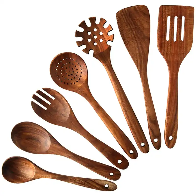 Wooden Kitchen Cooking Utensils Set, NAYAHOSE 7 Pcs Natural Teak Wooden Spoons and Spatulas for Non-stick Pan