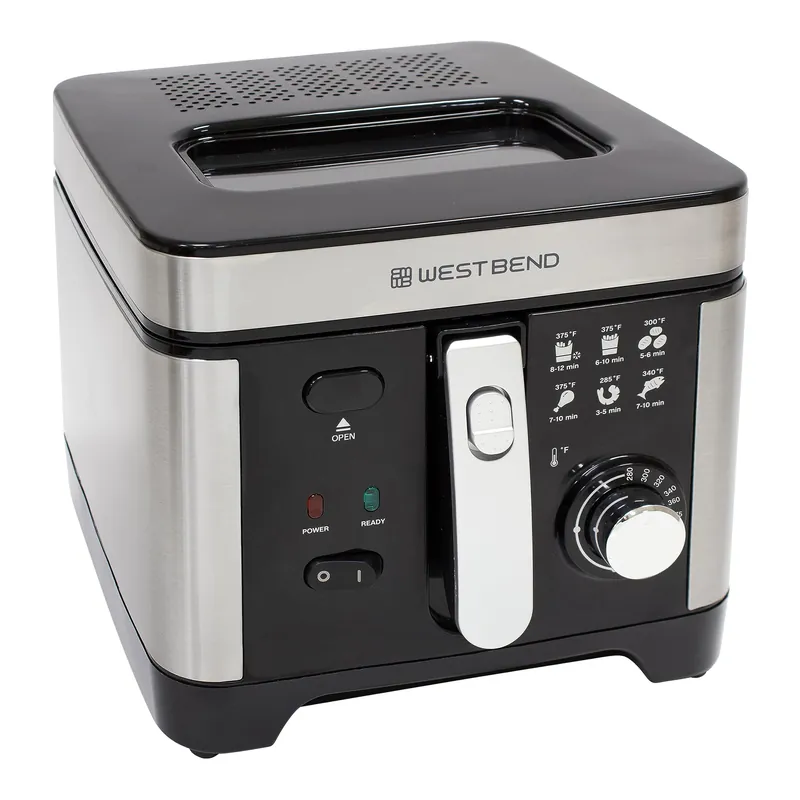 West Bend Deep Fryer with Adjustable Temperature Control Nonstick Basket Easy-View Window and Temperature Guide, Folding Handle and Locking Cover for Easy Storage, 3-Liter, Silver