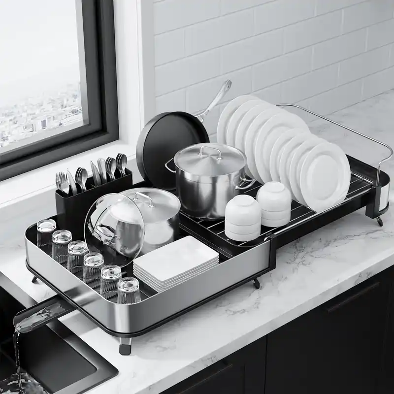 Kitsure Dish Drying Rack - Expandable Stainless Steel Dish Racks for Kitchen Counter, Auto-Drain Drying Rack for Kitchen with Cutlery Holder & Non-Slip Feet, 16.1-26.6" L x 12.6" W, Black