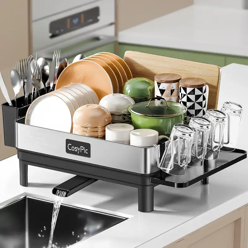 CosyPic Dish Racks, Thicker Premium 304 Stainless Steel Dish Drying Rack for Kitchen Counter, Automatic Drainage Spout, Dish Drainer & Drainboard Set with Utensil Holder and Cup Holder, Black