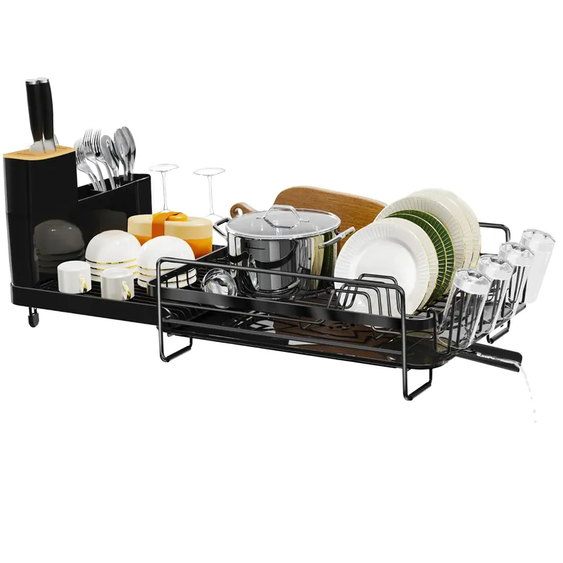 Runnatal Dish Drying Rack Extendable, Large Dish Rack with Drainboard, Utensil Holder, Cup Holder, Expandable Dish Drainer for Kitchen Counter, 20.5"-27.6" L x 12.6" W