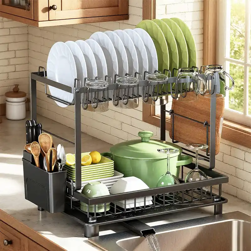 Nfnoyp Dish Drying Rack, 2 Tier Space-Saving Dish Rack, Multifunctional Dish Drainer for Kitchen Counter with Drainboard/Utensil/Cup Holder Rustproof Carbon Steel, Black