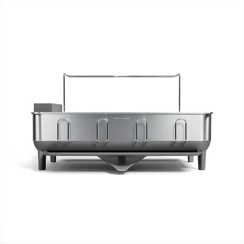 simplehuman Large Capacity Dish Drying Rack with Stainless Steel Frame, 360º Easy Drain Swivel Spout, Utensil & Wine Glass Holder, Anti-Residue Coating, Moisture Control Surface, Grey