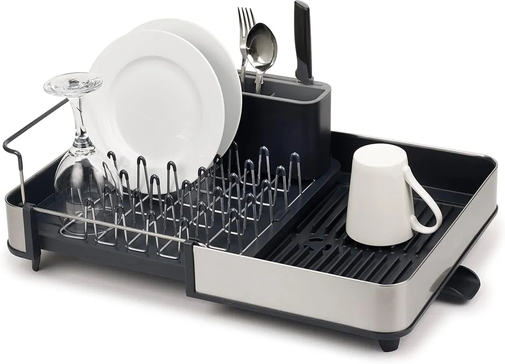 Joseph Joseph Extendable Dish Drying Rack with Dual Parts - Stainless Steel, Non-Scratch, Movable Utensil Drainer & Drainage Spout, Gray