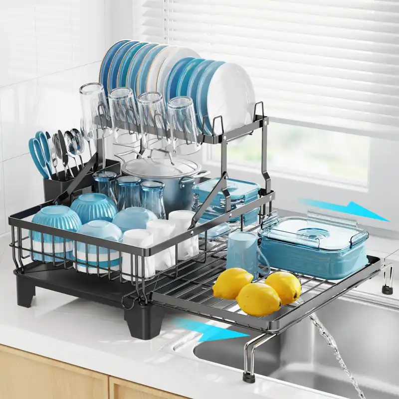 GSlife Large 2 Tier Dish Drying Rack, Expandable Heavy-Duty Dish Rack for Kitchen Counter, Rust-Resistant Dish Drainer with Utensil & Cup Holder, Auto-Drain, 16.9" W x 14.4"-22.4" L, Black