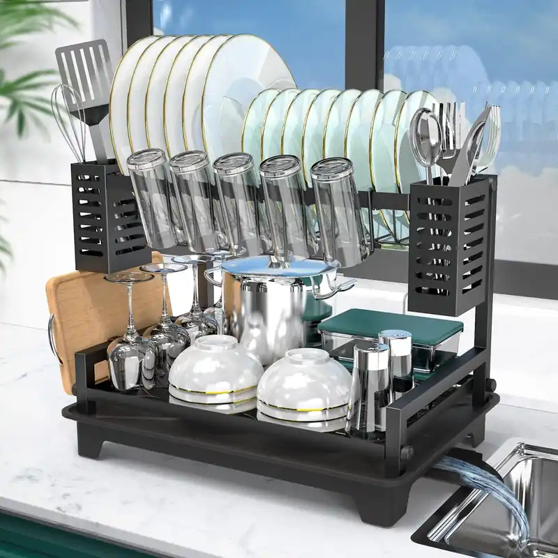 B-Land Dish Drying Rack 2 Tier Dish Racks for Kitchen Counter and Sink - Large Dish Drying Rack with Drainboard & Utensil Holders - Stainless Steel Dish Drainers Kitchen Organization and Storage