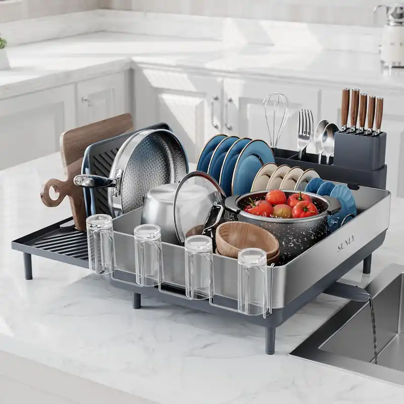 SUNLY Large Dish Drying Rack, Expandable Dish Racks for Kitchen Counter, Space Saving 304 Stainless Steel Drying Rack Kitchen, Extra Large Drainer with Multifunctional Flip Up Pegs, Gray