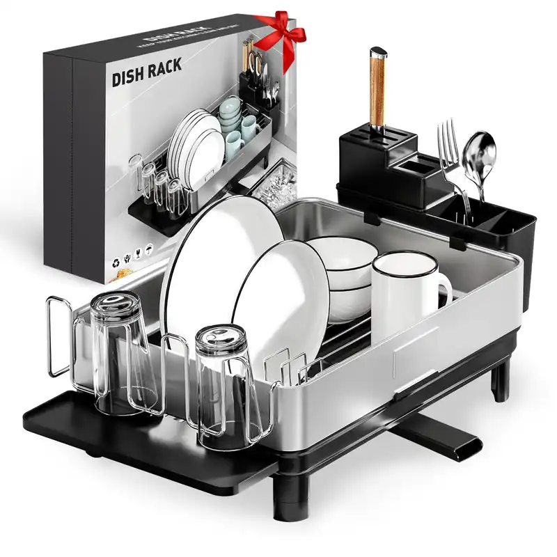Ewaiira Dish Drying Rack, 304 Stainless Steel Dish Racks for Kitchen Counter, Dish Drainers with Automatic Drainage, Utensil Holder & Cups Holder, Space Saving Kitchen Organizer, Black 16.5‘‘x12.6‘‘