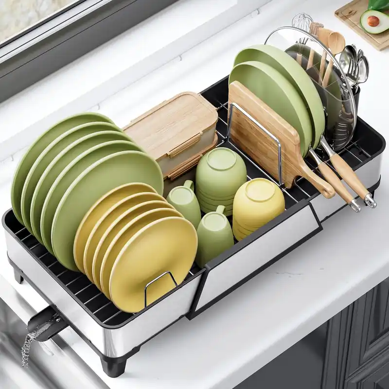 Urackify Large Dish Drying Rack - Triple Expandable Dish Rack for Kitchen Counter, Stainless Steel Sink Organization and Storage Essentials with Utensil & Pans Holder for Home and Appartment, Black
