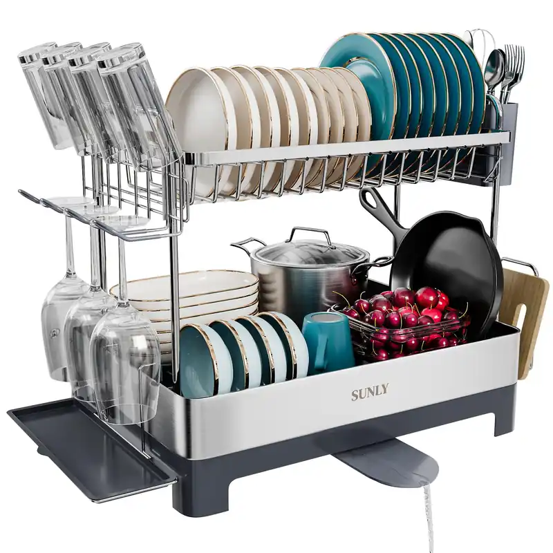 SUNLY Large Dish Drying Rack, Multipurpose 2 Tier Dish Racks for Kitchen Counter, 304 Stainless, Extra Large Drain Board, Gray