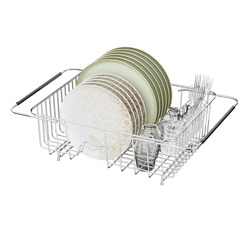 JAQ Over Sink Dish Drying Rack for Medium to Large Sink, Expandable 15.08"–22.4", Adjustable 304 Stainless Steel Dish Drainer with Utensil Holder, Large Capacity Holds Up to 13 Plates
