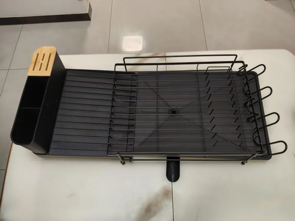SPACORA Extendable Dish Drying Rack, Carbon Steel, Black, 19.2"-26.7" L x 12.9" W x 7.2" H, with Cutlery Holder, Cup Holders, Anti-Rust, Countertop