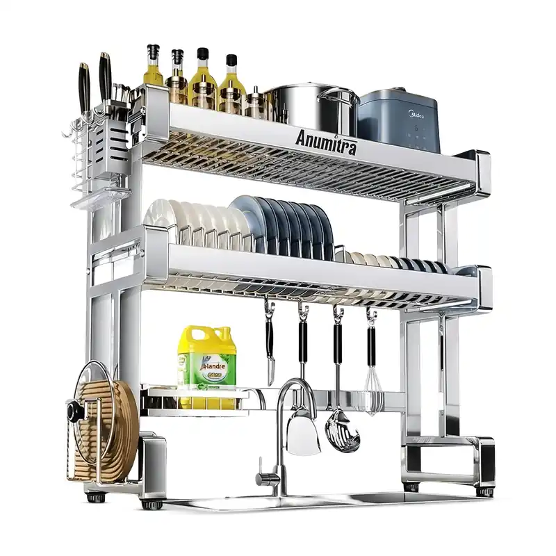ANUMITRA Over Sink Dish Drying Rack – Stainless Steel 3-Tier 33.5 in Dish Drainer Rack, Space-Saving Kitchen Sink Organizer with Plate & Bowl Holders, Cutting Board Rack, Utensil Cup, Adjustable Feet