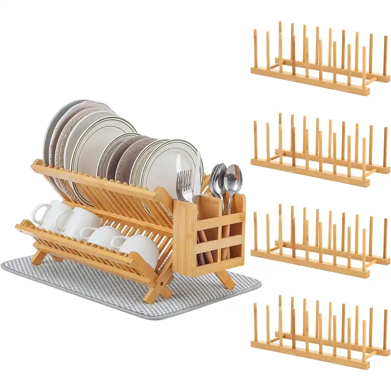 Chicmount 6 Pcs Dish Drying Rack Set 2 Tier Bamboo Collapsible Dish Rack with Utensil Holder Plate Holder and Mat for Kitchen Organizer, Cabinet Pot Lid, Bowl, Cup, Chopsticks, Utensils